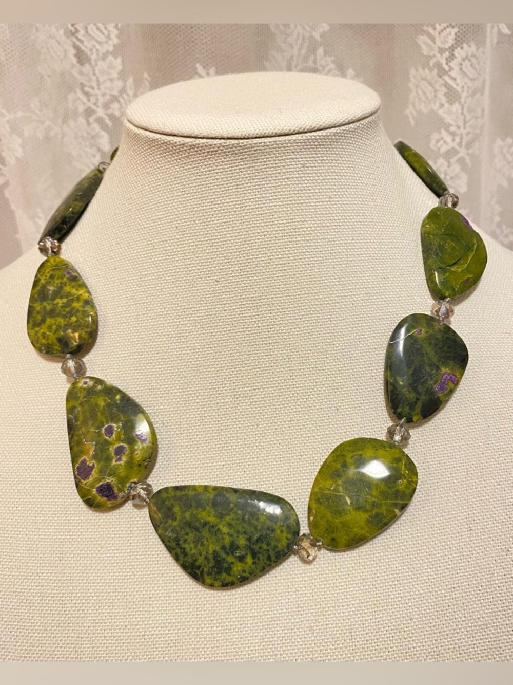 Atlantisite Gemstone Necklace - Green Serpentine Nuggets with Purple Stichtite